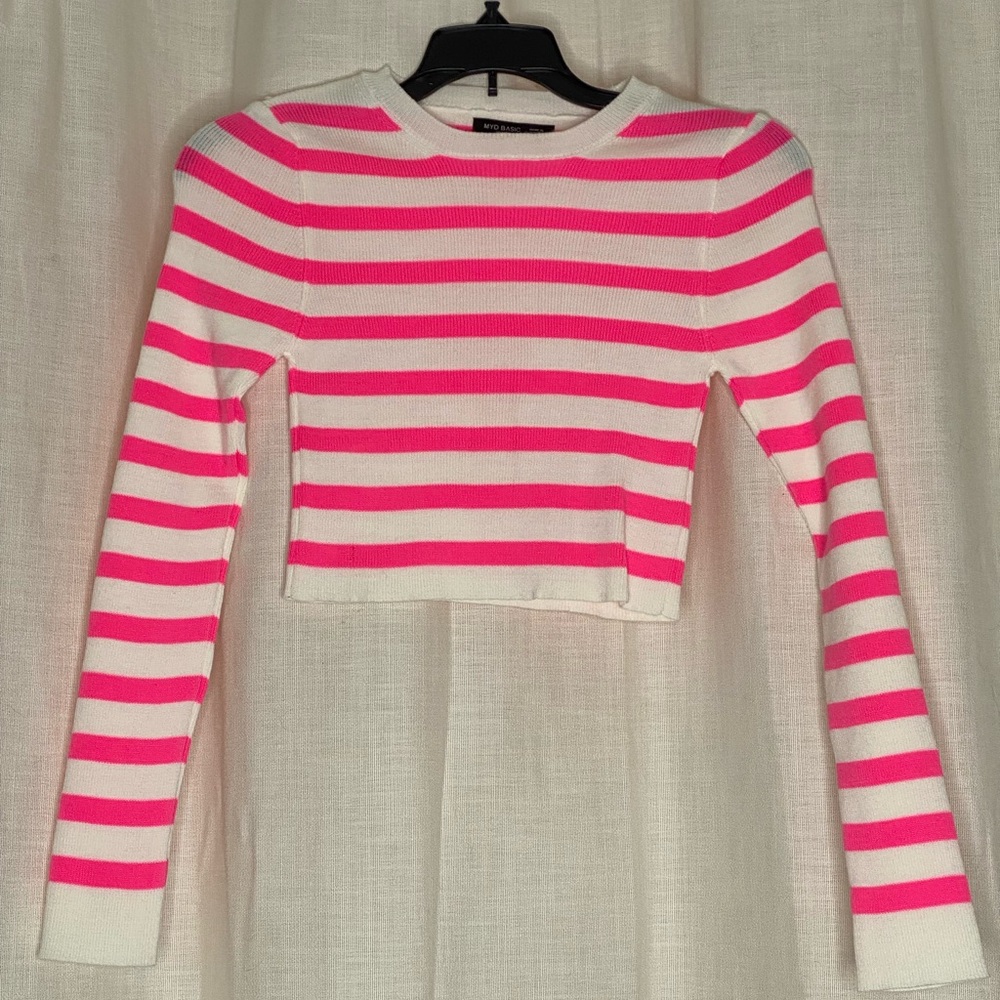Pink and White Striped Long Sleeve Crop Top